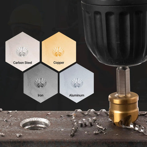 Close-up of Six Piece Countersink Drill Bit Set With M35 Cobalt HSS drilling metal, showing hex shank and material compatibility.