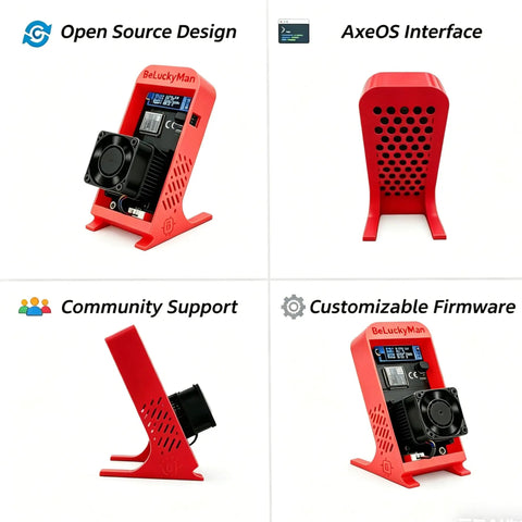 Open Source Bitcoin Miner 1.2 THs Quiet Home Solo Mining Rig With BM1370 ASIC Ultra Low 18W Power 2.4G WiFi Easy Setup Includes Power Supply And Red Stand For Education Or DIY Mining, red stand