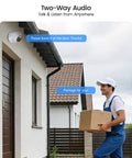 C220 8 Channel 4MP 2.5K PoE Security Camera System with Two Way Audio mounted, capturing delivery interaction.