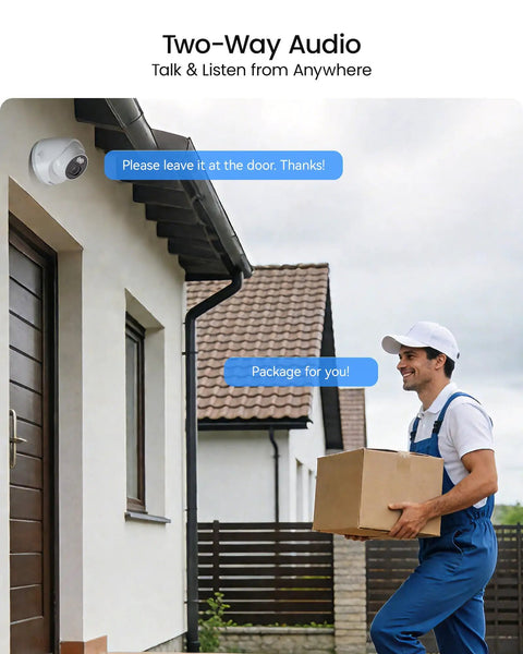 C220 8 Channel 4MP 2.5K PoE Security Camera System with Two Way Audio mounted, capturing delivery interaction.