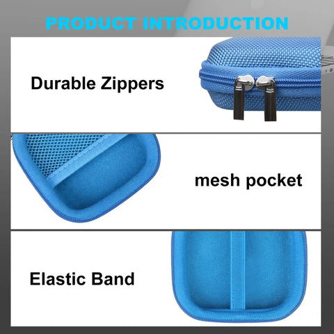 Hard Drive Carrying Case For Crucial X10 X10 Pro X9 X9 Pro Portable SSD 2TB 4TB 6TB 8TB EVA Shockproof Water Resistant Storage Travel Ready Gear Bag With Mesh Cable Pocket Blue showing durable zippers, mesh pocket, and elastic band features.