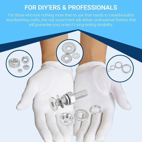 Gloved hands holding 3360Pcs All In One M2 M3 M4 M5 Stainless Steel Ultra Low Flat Head Hex Socket Cap Screws Kit components.