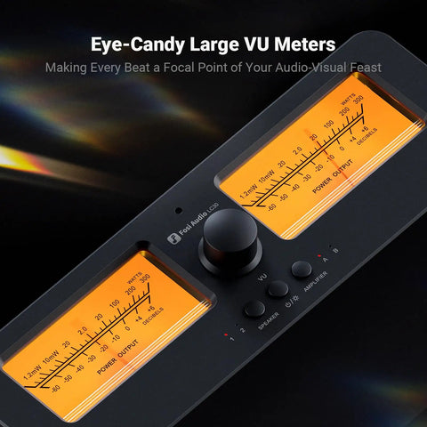LC30 VU Meter Amplifier And 2 In 2 Out Speaker Switcher With Remote, black metal unit with dual orange VU meters