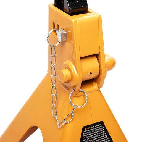 Close-up of 3 Ton Ratcheting Jack Stands Set of 2 for Car Lifts, beefy heavy duty stability with double lock pins in yellow.