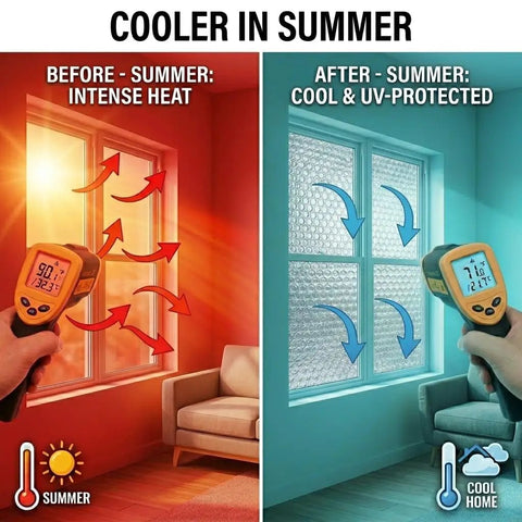 Premium Reflective Window Film Roll 48 By 10 Feet Aluminum Foil Thermal Insulation shown reducing summer heat for a cooler home.