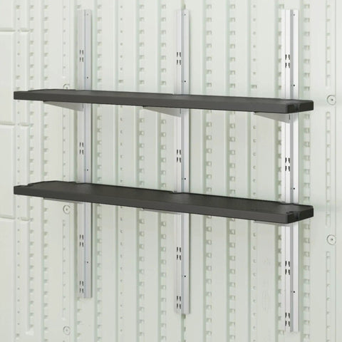 Two Shelf Wall Mounted Storage Shelving System Built From Heavy Duty Resin For Outdoor Sheds Space Saving Organizer for Garden Tools