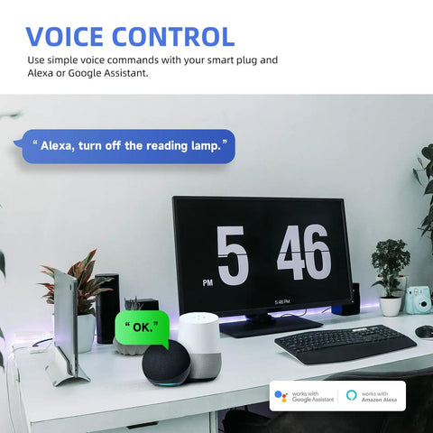 Desk setup with monitor, smart speakers, Smart Plug 15A WiFi Outlet Works With Alexa And Google Assistant, 2 Pack