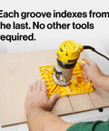 Grid Router Guide Kit for Dovetail Track Systems shown with self-indexing design in action on wooden panel.