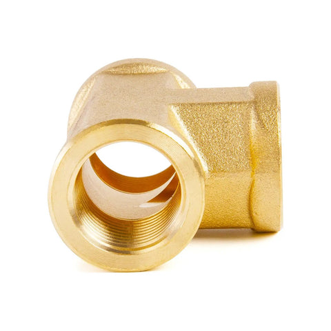 Brass Tee Pipe Fitting 1/4-Inch X 1/4-Inch X 1/4-Inch NPT Female Thread Adapter Six Pack For Water And Air DIY Plumbing, Durable, Corrosion Resistant, Easy Tight Seals. brass female tee fitting side view
