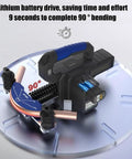 Saditesdk Electric Pipe Bender For Copper Tubes Fast 90 Degree Bend Tool showing lithium battery, die, and 90-degree coil bending.
