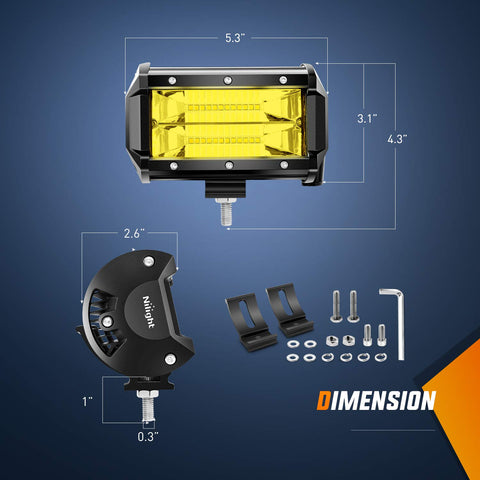 Amber 2-Pack 5-Inch Dual-Row LED Flood Lights 72W 10800 Lumens Off Road Driving Fog Light Bar dimensions and parts