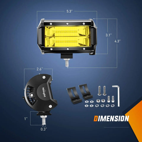 Dimensions of Beefed Up 2 Pack 5 Inch Yellow LED Light Bar Kits, 72W 10800 Lumens Flood Beam Fog Driving Lamps with hardware
