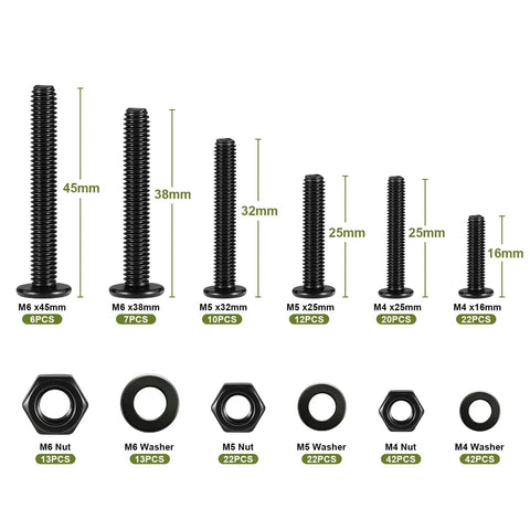231 Pieces Machine Screws And Nuts Kit M4 M5 M6 Phillips Flat Round Head 304 Stainless Steel Nuts Bolts Washers Set Black For DIY Wall Plate Switches And Furniture Assembly. Includes various screw and nut sizes with quantity.
