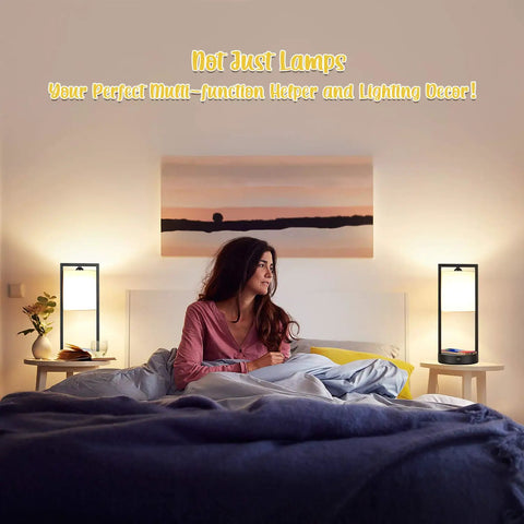 Wireless Charging Table Lamps Set Of 2 With 3-Way Dimmable Touch Control on bedside tables with white fabric shades