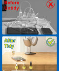 Image showing before and after use of Three Pack Upgraded Cord Management Clips With Extra Large Adhesive Base For Desk And Nightstand No Slip Grip For Chargers USB Wires Aluminum Gold Cable Clips For Charger Holder; disorganized cables replaced with neat organization using gold clips.
