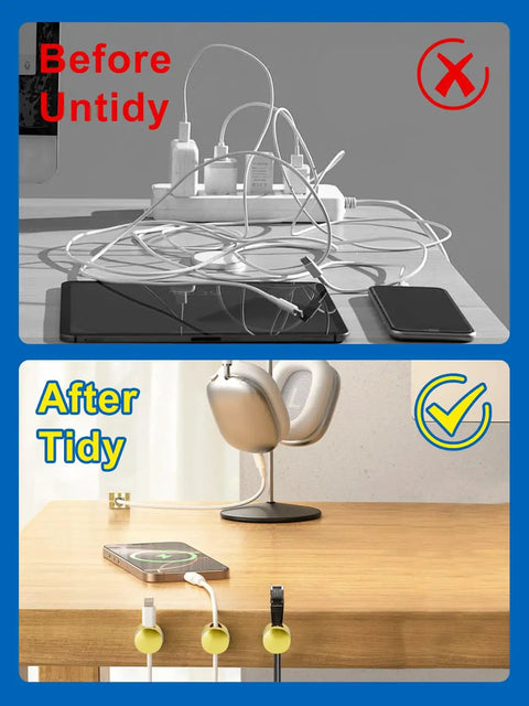 Image showing before and after use of Three Pack Upgraded Cord Management Clips With Extra Large Adhesive Base For Desk And Nightstand No Slip Grip For Chargers USB Wires Aluminum Gold Cable Clips For Charger Holder; disorganized cables replaced with neat organization using gold clips.