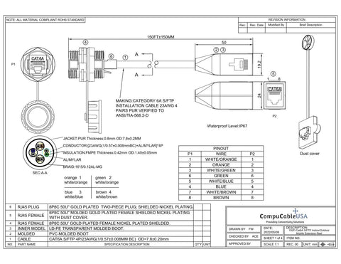 Heavy Duty Cat6A Ethernet Retractable Network Extension Reel Waterproof Shielded Patch Cord 150 Foot wiring diagram and specifications.