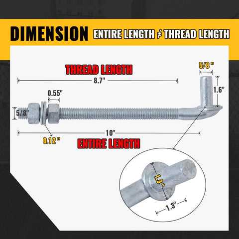 10 Inch J Bolt Gate Hinge Set For Chain Link Fences Heavy Duty 5/8 Inch Pin Galvanized Steel Nuts And Washers