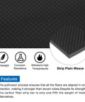 Carbon Fiber Sheet 300x200x5mm 3K Glossy Pultruded Flat Plate Plain Weave detail with icons showing features