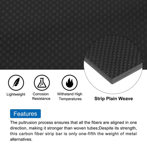 Carbon Fiber Sheet 300x200x5mm 3K Glossy Pultruded Flat Plate Plain Weave detail with icons showing features