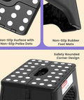 Folding Step Stool Nine Inch Holds Up To 600 Lb With Non Slip Surface And Carry Handle, detail of non-slip polka dots and safety features