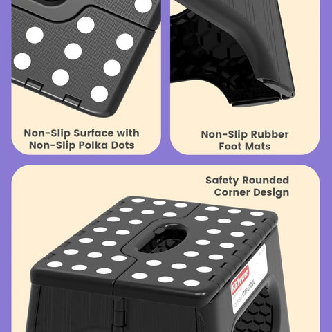 Folding Step Stool Nine Inch Holds Up To 600 Lb With Non Slip Surface And Carry Handle, detail of non-slip polka dots and safety features