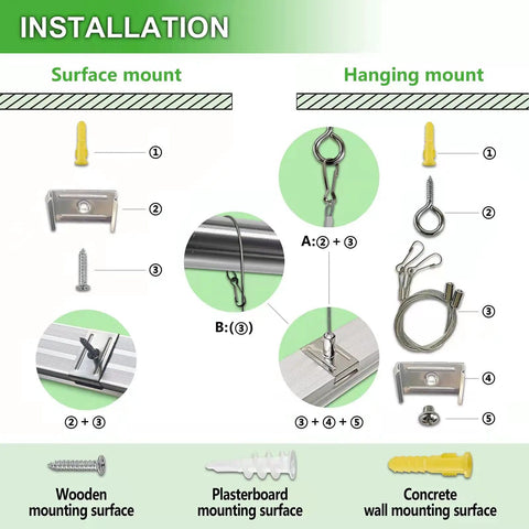 8 Pack 8FT LED Shop Lights 100W Each, 6000K White, 15000LM showing installation steps for hanging and surface mounting