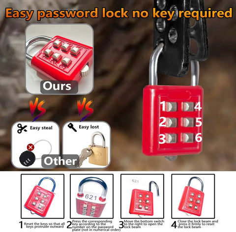 Red password lock on a ratchet strap showing setup instructions for easy reset and security by comparison with key locks.