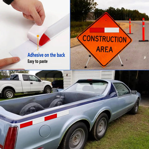 Reflective strip application on vehicle, adhesive backing detail, and construction area sign