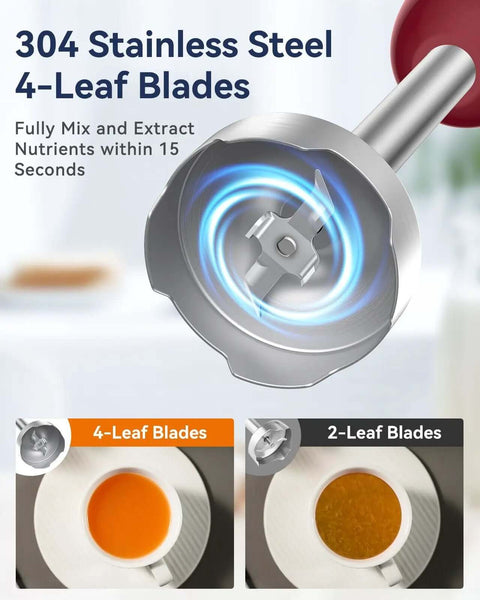 Close-up of 304 stainless steel 4-leaf blades of Game Changing 1000W Immersion Blender, showing efficient mixing power.