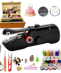Grab-and-Go Handheld Sewing Machine Kit With 142 Piece Essentials, Wooden Storage Box, Dual Power Supply, Electric Switch, Heavy-Duty Scissors, Assorted Needles And Threads For Quick Home Repairs, black handheld machine with wooden case and sewing accessories