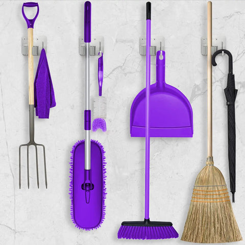 Sturdy Stainless Steel Mop Broom Wall Mount Organizer Rack With Four Gripper Positions And Hooks Heavy Duty Perfect Laundry Room