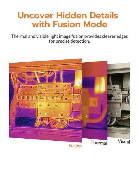 TT17D Wi-Fi Thermal Camera With 240x240 UIRA-IR And Visible Sensor AI Scene Inspection For Moisture Insulation Gaps And Floor Heating Faults Built-In Presets Ideal For Home Or Building Diagnostics. Fusion mode showing thermal and visual electrical panel scan.