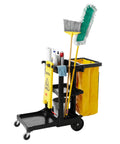 26 Inch Heavy Duty Yellow Caution Sign For Slip Hazards And Wet Floors Twin Sided High Visibility Standup Floor Sign To Keep The Crew Safe And Slash Liability Costs On Site mounted on a cleaning cart with mop and cleaning supplies.
