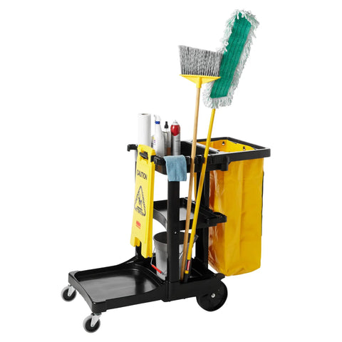 26 Inch Heavy Duty Yellow Caution Sign For Slip Hazards And Wet Floors Twin Sided High Visibility Standup Floor Sign To Keep The Crew Safe And Slash Liability Costs On Site mounted on a cleaning cart with mop and cleaning supplies.
