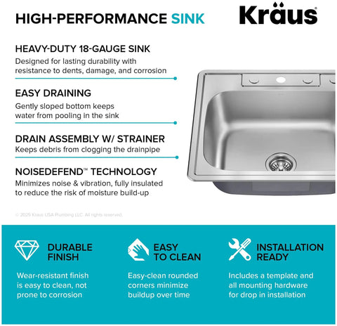 Diagram of 25 Inch Top Mount Single Bowl 18 Gauge Stainless Steel Kitchen Sink with Noise Defend soundproofing features