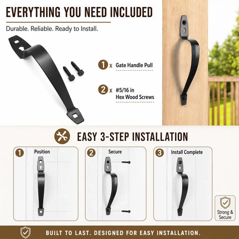 Gate Handle Pull Ten And Three Eighths Inch Heavy Duty Steel Door Handle With Black Finish Hardware Included For Wooden Fences Sheds Barn Doors And Garages Weather Resistant And Easy To Install, installed on wood gate