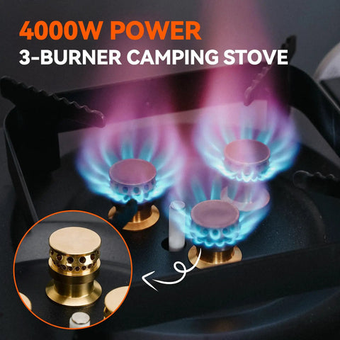 Grab And Go Portable Butane Camping Stove With Carrying Case Precise Heat Control, three burners with blue flames