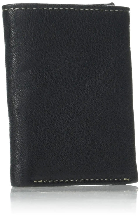 Genuine Leather RFID Blocking Trifold Wallet With Six Card Slots Clear ID Window Double Bill Fold And Strong RFID Protection For Everyday Carry In Black, standing upright showing side stitching.