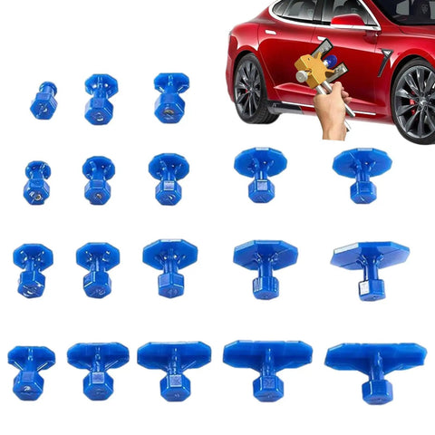 Auto Dent Repair Puller Kit With 18 Removal Tabs And Gaskets for SUVs and sports cars displayed with red car in use