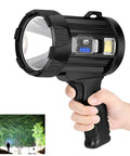 Rechargeable Handheld Spotlight With Solar Panels, Ultra Bright LED Flashlight For Outdoor Use in hand, showing design and controls