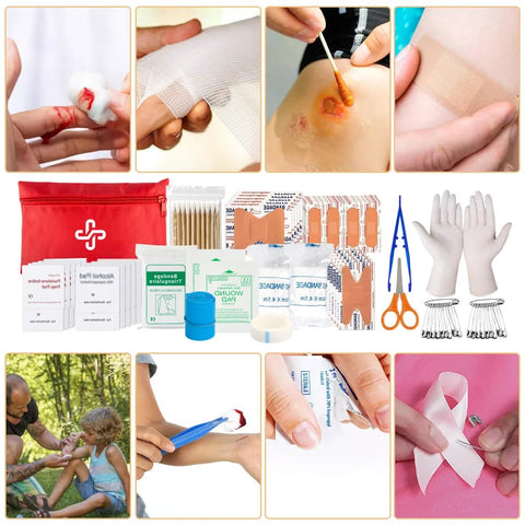 250-piece survival first aid kit with red bag; includes bandages, gauze, gloves, scissors, tweezers, tape