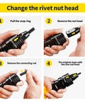 Heavy Duty Pneumatic And Cordless Rivet Nut Gun Head With Five Replacement Mandrels Featuring A Self Locking Quick Swap Design for changing heads.