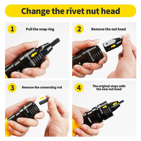 Heavy Duty Pneumatic And Cordless Rivet Nut Gun Head With Five Replacement Mandrels Featuring A Self Locking Quick Swap Design for changing heads.