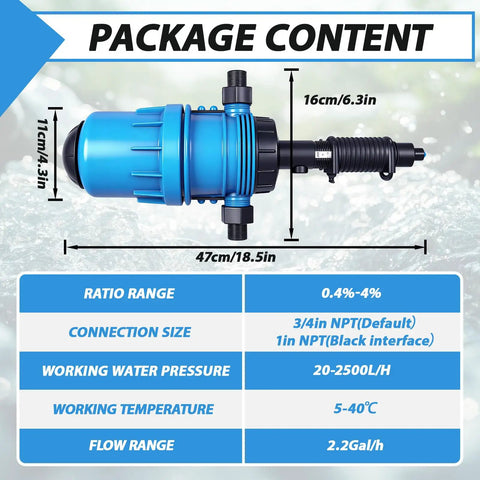 Fertilizer Injector For Drip Irrigation Three Quarter Inch NPT With Adjustable 0.4 To 4 Percent Water Powered Dosing Pump Package