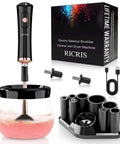 Electric Makeup Brush Cleaner And Dryer Machine For Quick Clean And Dry Makeup Brushes Automatic Cosmetic Brush Spinner Washer Is A Game Changer For Busy Mornings Fast Hands Free Cleaning And Drying showing components and brush in cleaning bowl.