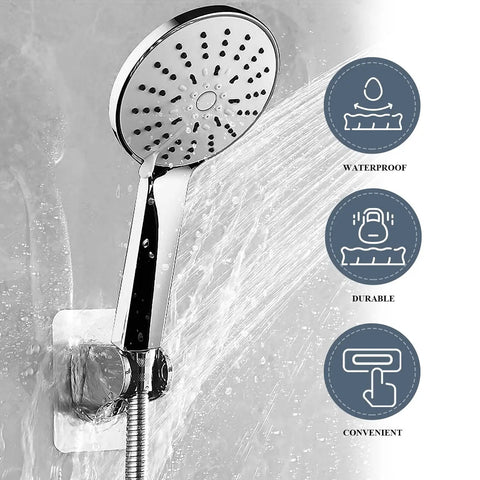 No Drill Shower Head Holder With Ultra Strong Adhesive Stick On Mount for handheld wand, silver ABS chrome, waterproof, wall display