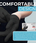 Person wearing Black Nitrile Gloves Powder Free 4 Mil Medium, box shown for Durable Disposable Gloves For Industrial And Home Use