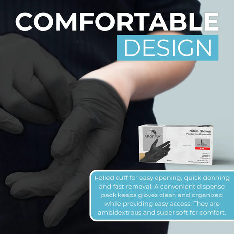 Person wearing Black Nitrile Gloves Powder Free 4 Mil Medium, box shown for Durable Disposable Gloves For Industrial And Home Use