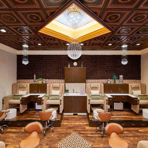 Salon interior with Laurel Wreath Faux Tin Ceiling Tile 2x2 PVC Antique Copper Finish, Easy Glue-Up or Drop-In Install overhead.